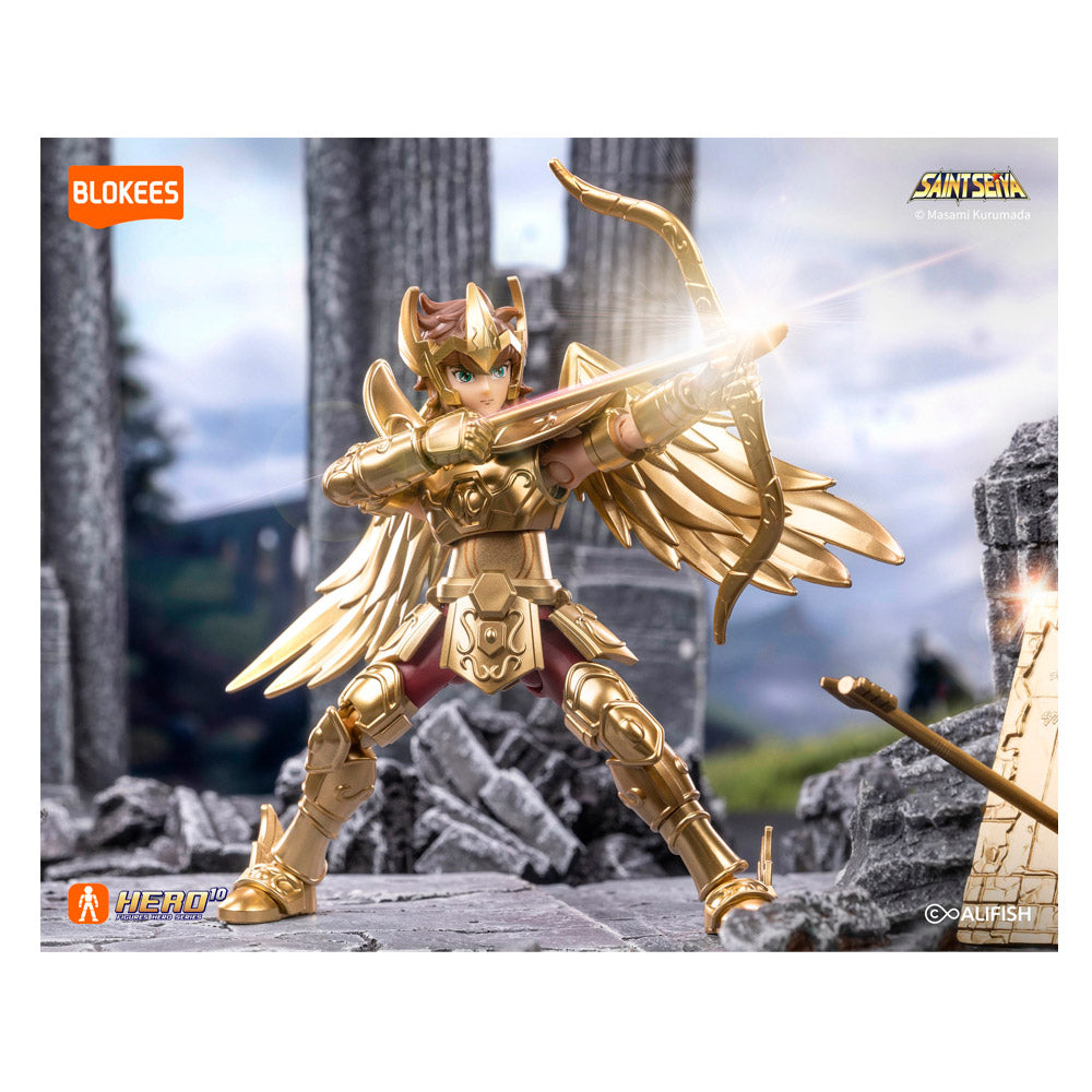 Figura Blokees sorpresa Saint Seiya colección con armadura dorada y arco en pose de combate Figura Blokees sorpresa Saint Seiya colección con armadura dorada y arco en pose de combate